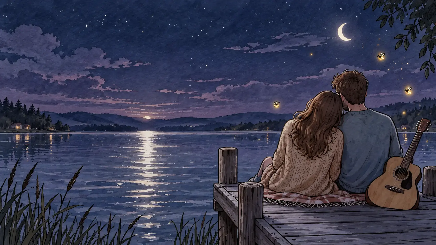 Two musicians sitting together on a moonlit lakeside dock