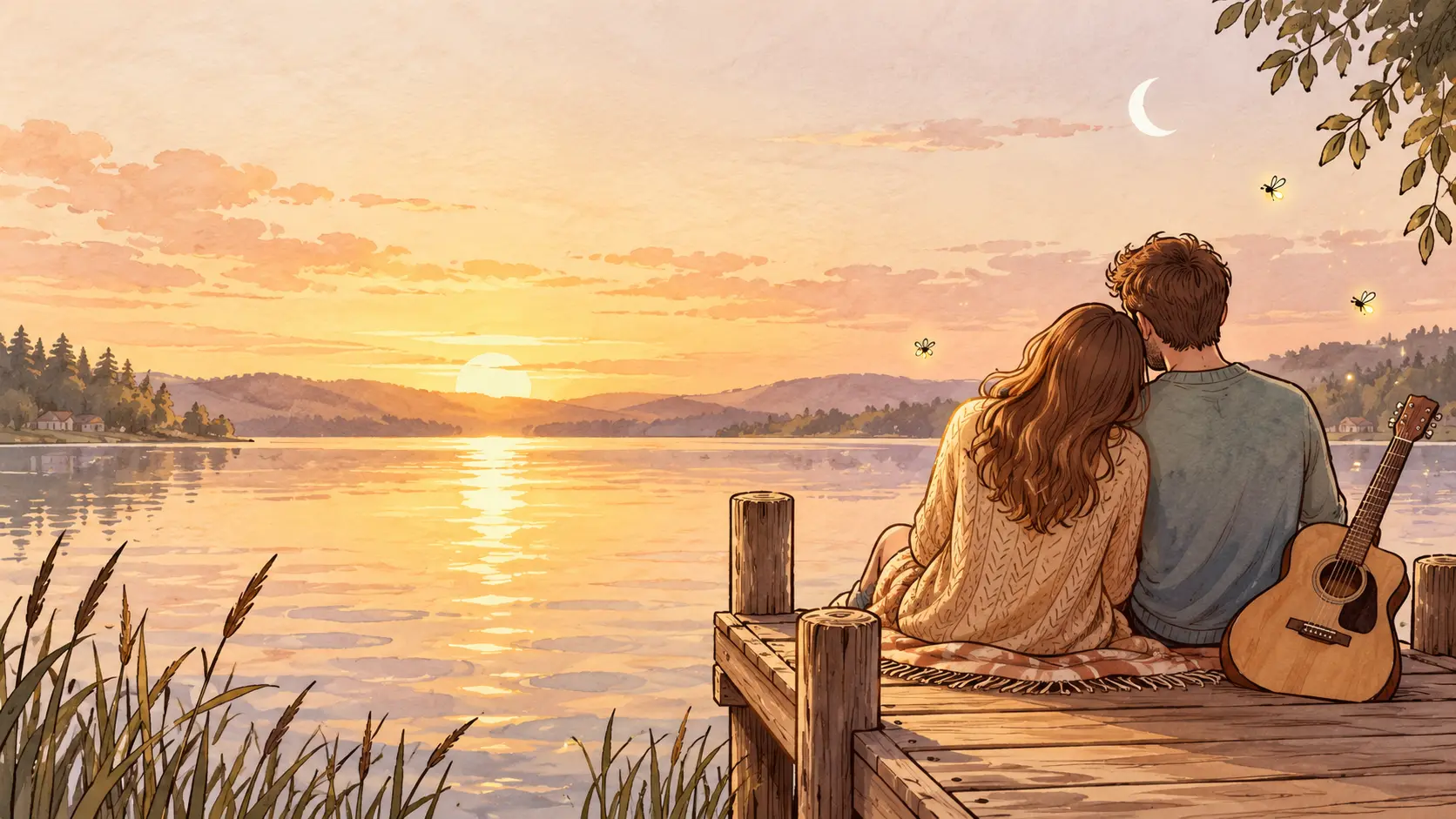 Two musicians sitting together on a lakeside dock at golden hour