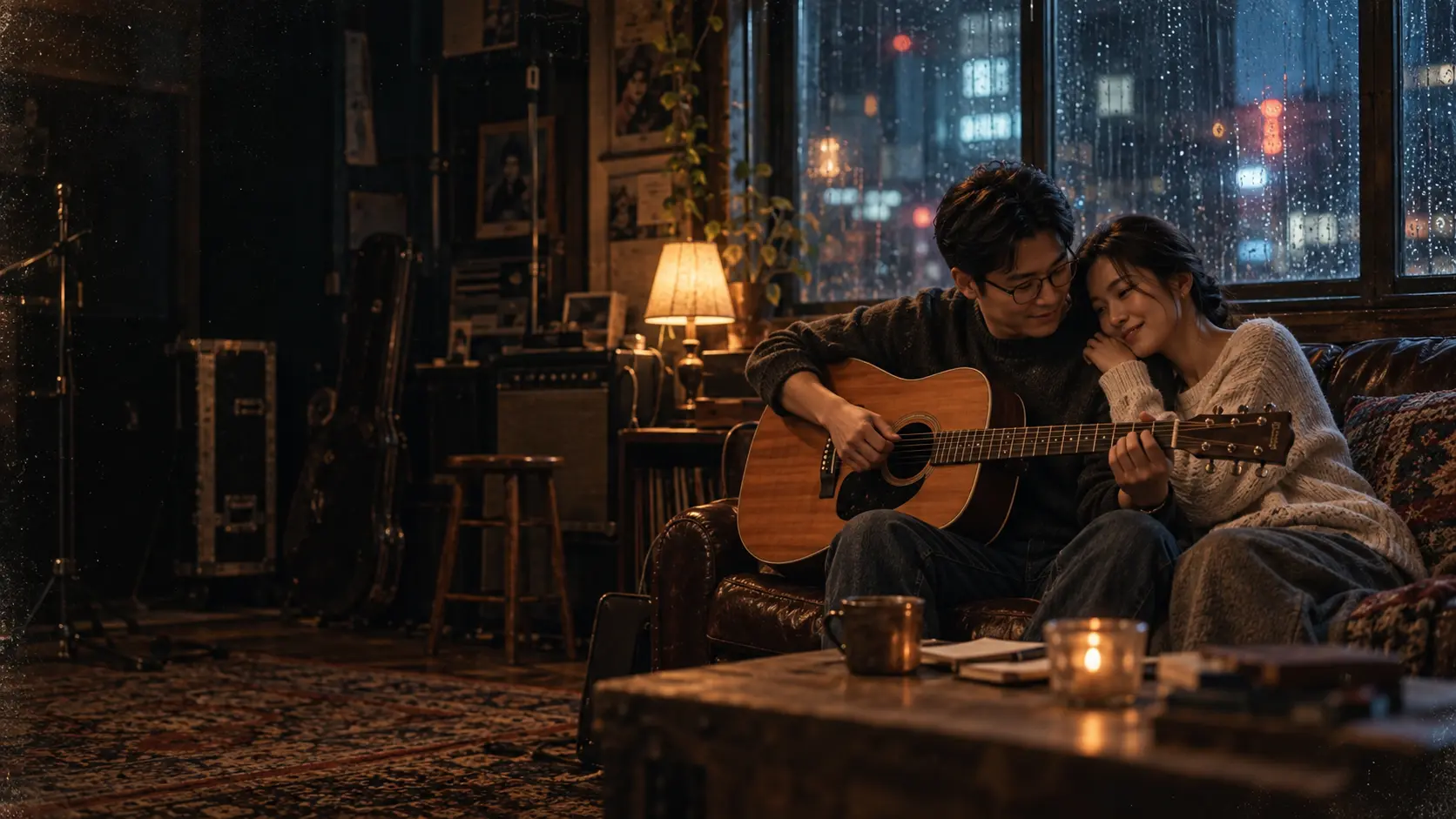 Two musicians sharing a quiet late-night studio session beside a rain-streaked window