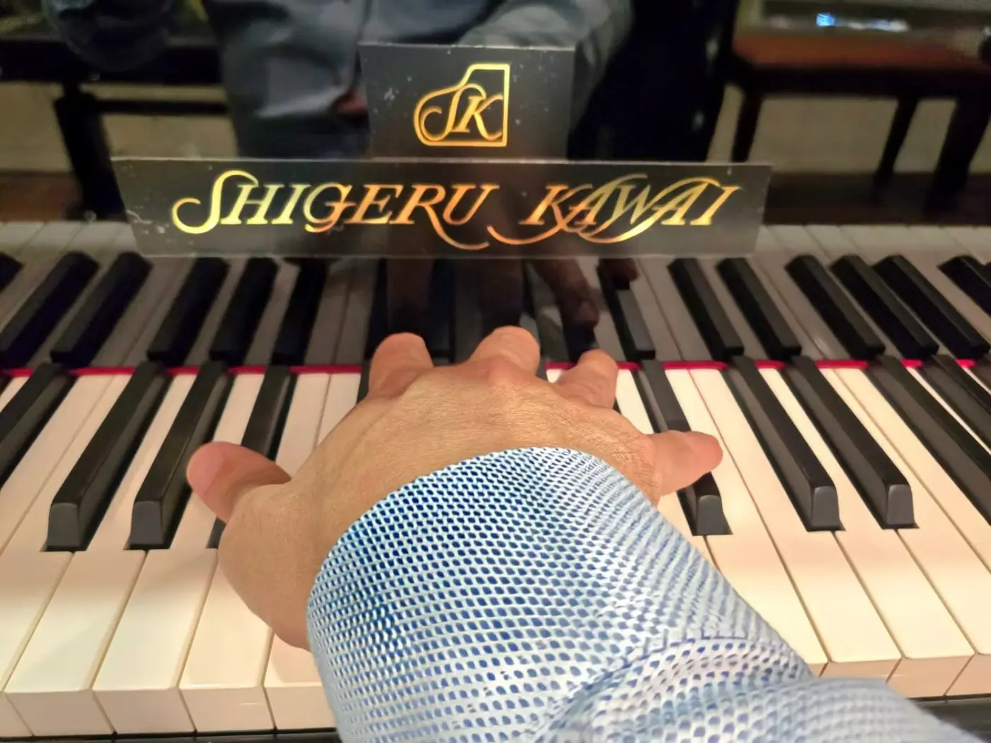 A pianist's hand resting on the keys